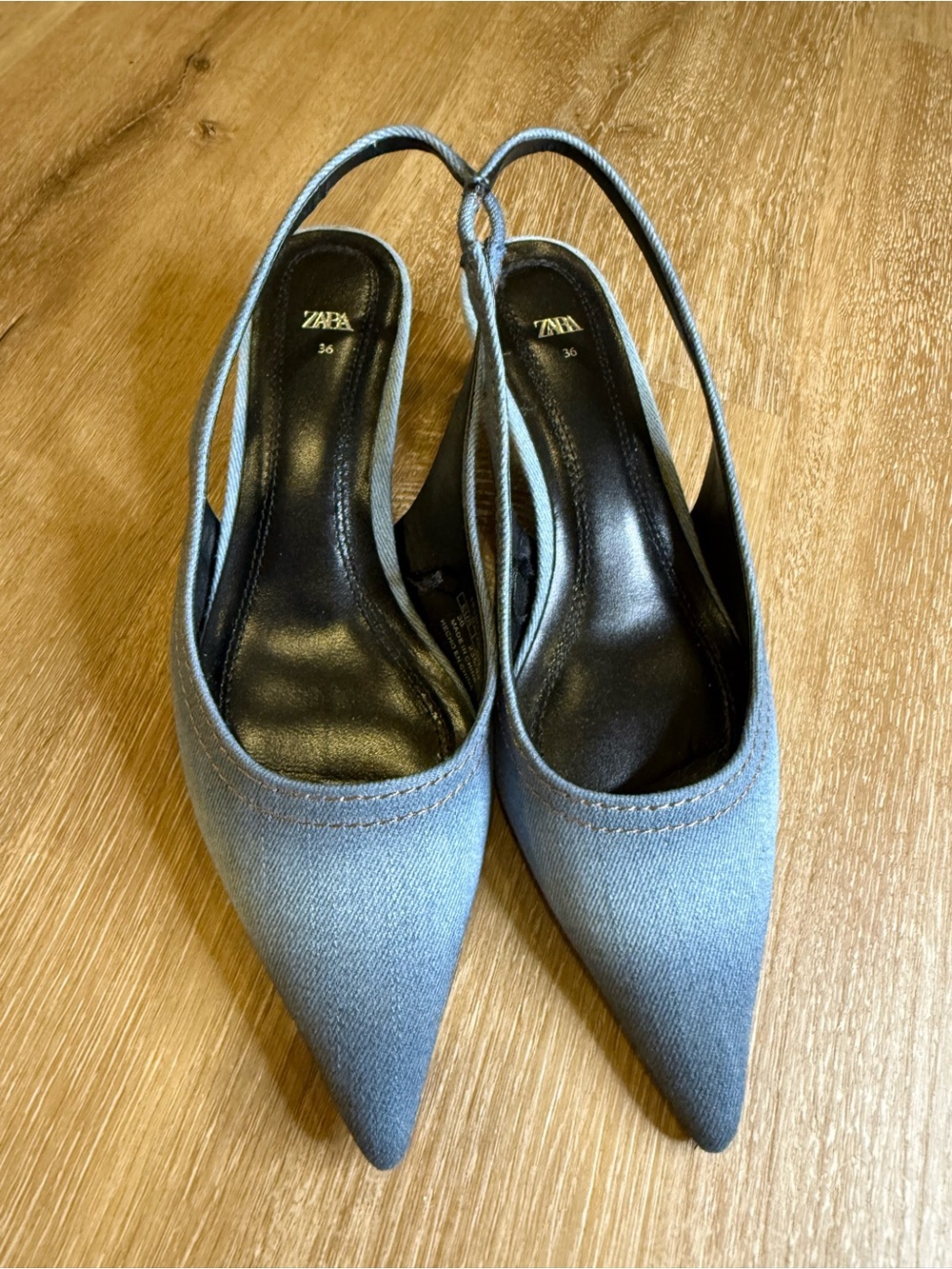 Zara Light Blue Denim Slingback Pointed Toe Kitten Heels excellent condition